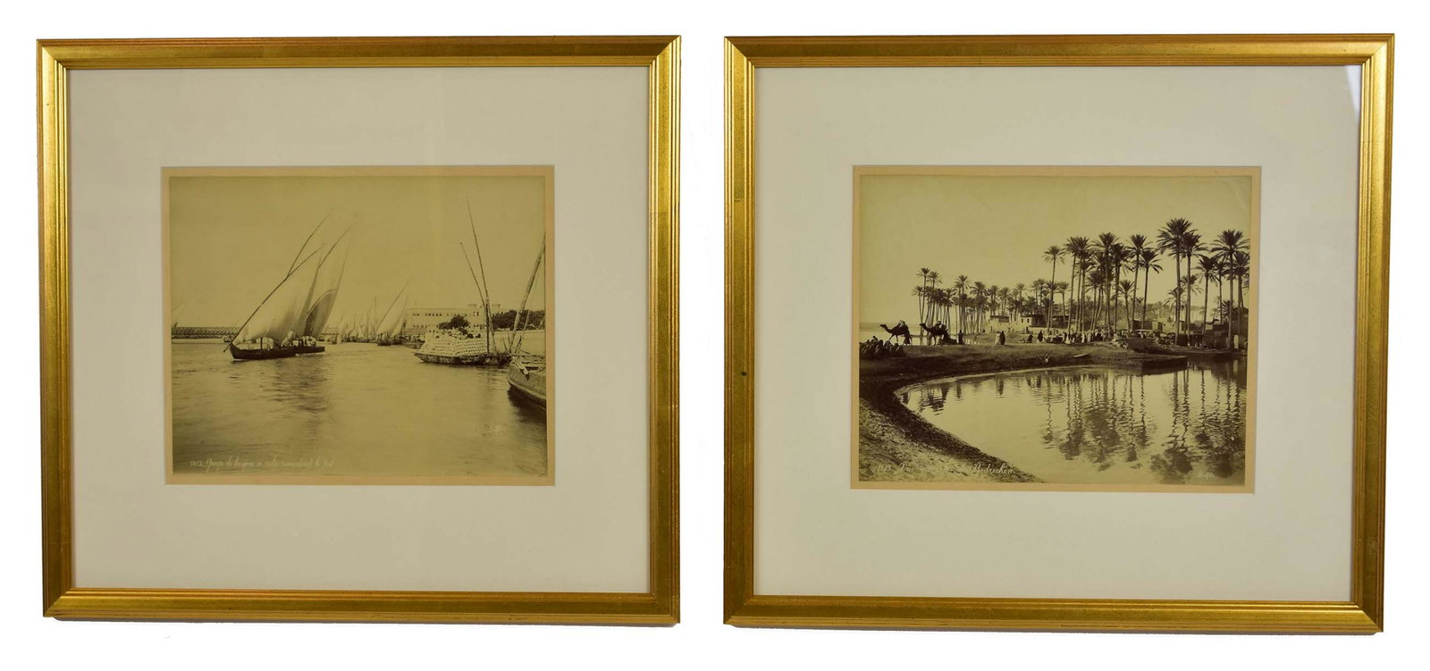 FELIX BONFILS (Fr. 1831-1885) AND: MARIE LYDIE BONFILS (French. 1837-1918)Upper Egypt Nile Landscapes. Each signed Bonfils l/r and titled l/l. Pair of Sepia-Toned Photographs. Site measuring 9.25 by 11.5 in. Matted and framed, overall 