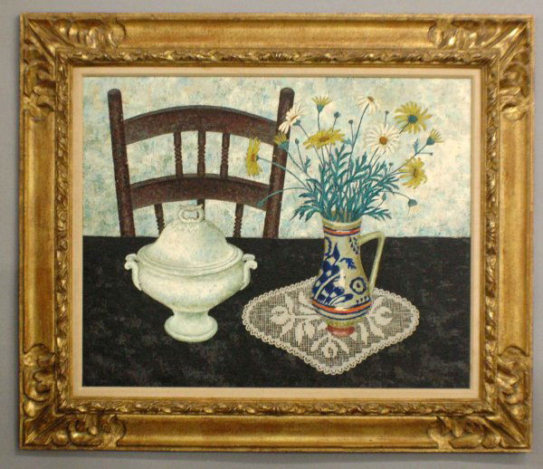 PETER ORLANDO (FRENCH b. 1921)"Still Life, Articles: PETER ORLANDO (FRENCH b. 1921)"Still Life, Articles on a Table", signed Peter Orlando lower right.Oil on canvas. Measures 25 1/2" x 32 1/4". Set in a carved and giltwood frame by Julies Lowy N.Y. (200
