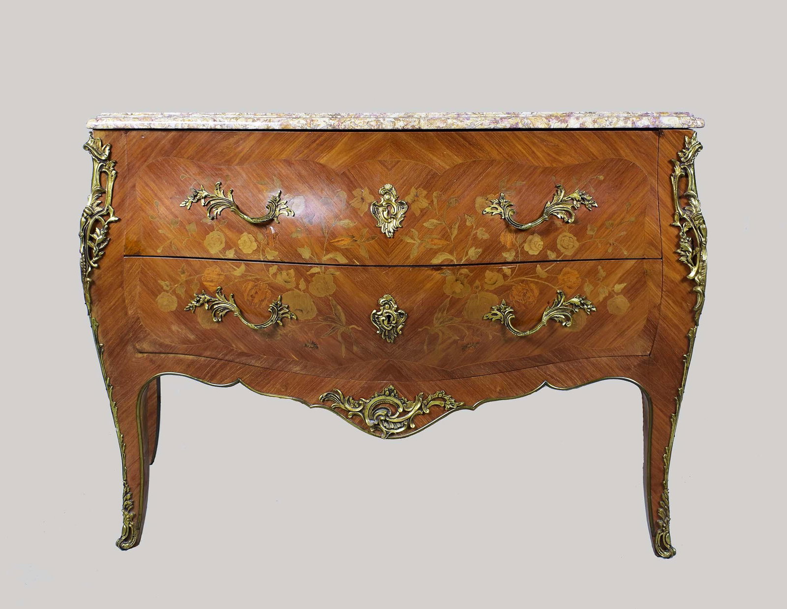 LOUIS XV STYLE INLAID BRONZE MOUNTED COMMODE: 20th Century. Marble Top. 31 in. high. 29 in. wide. 14.5 in. depth.