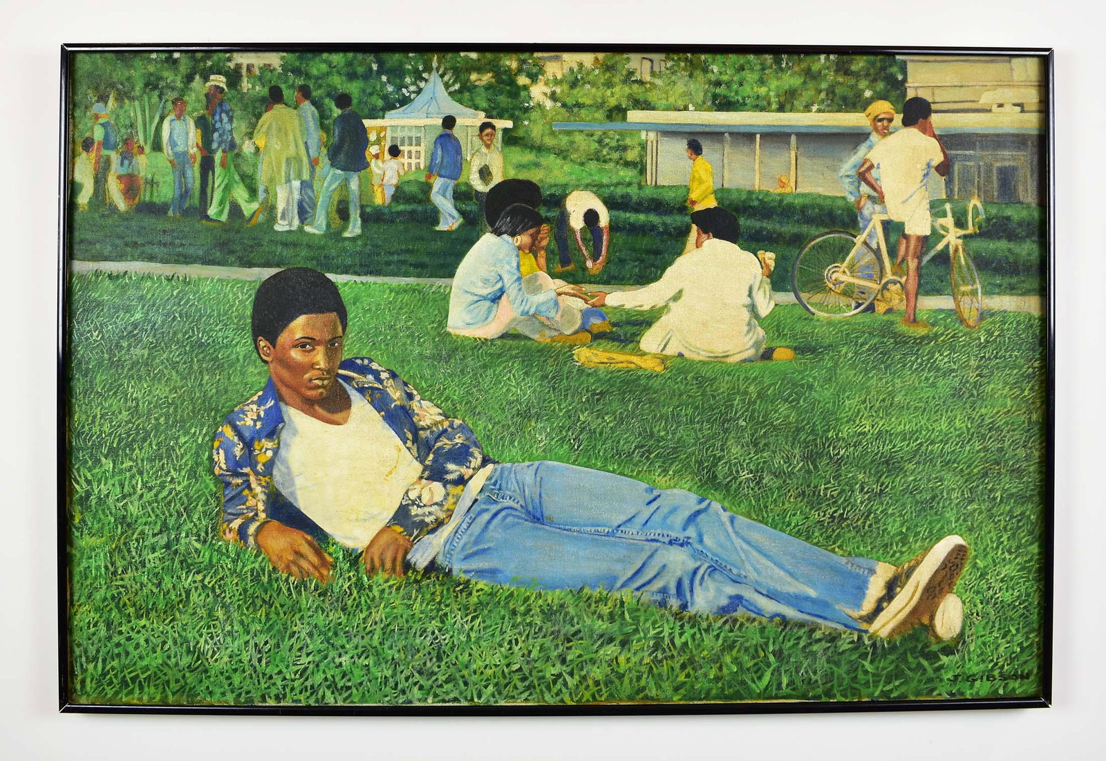 AMERICAN SCHOOL (20th Century) PAINTING: Figure-Human Kindness Day. Signed J. Gibson lower right. Verso signed, titled and dated 1976 by the artist. Measuring 24 x 36 inches. Black metal frame. (Cond: good)