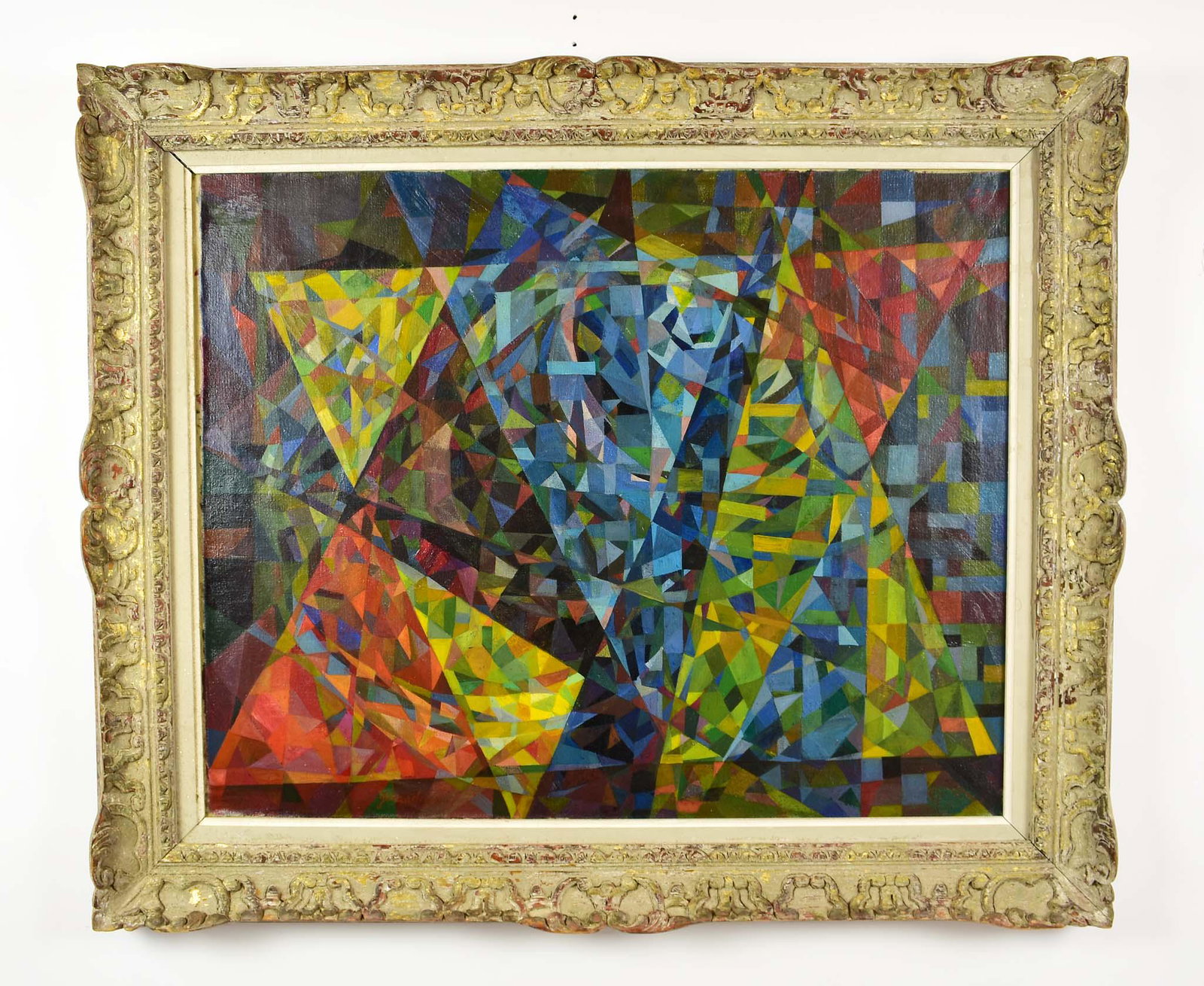 AMERICAN SCHOOL (Mid 20th Century) PAINTING: Abstract Composition. Signed Guardia or Guardio lower left. Verso Signed Goldberg on canvas. Oil on Canvas. Measuring 24 x 30 inches. Rococo style carved frame. (Cond: good)