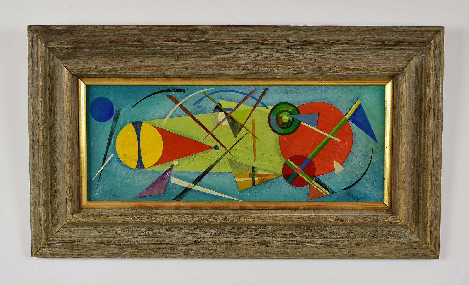 LLOYD RAYMOND NEY (American. 1893-1965) PAINTING: Constructivist Composition. Signed Ney and dated '46 lower right. Measuring 6.75 x 17 in. Framed. (Cond: scattered crazing)