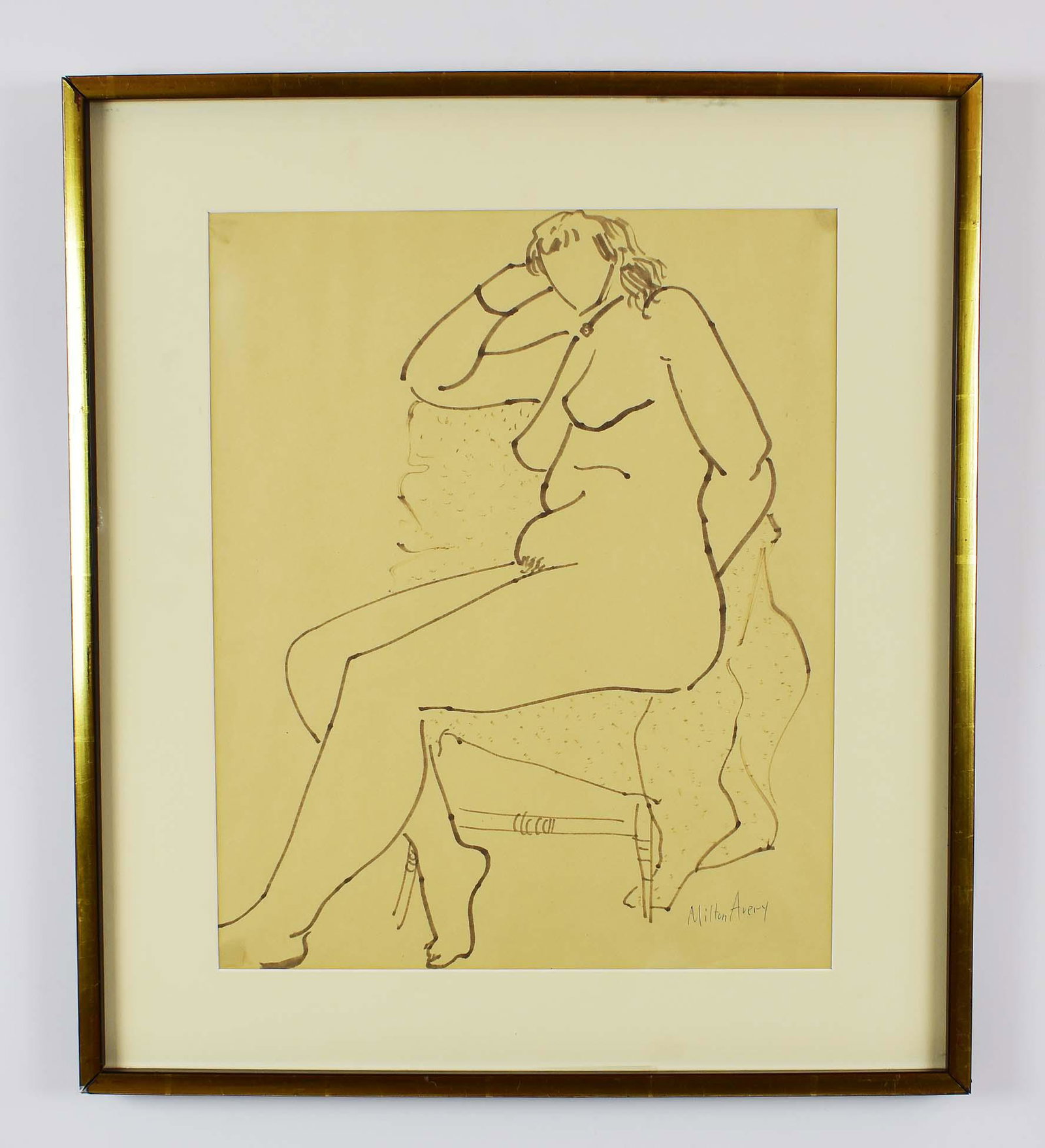 MILTON AVERY (American. 1885-1965) DRAWING: Study of a Seated Nude Lady. Signed Milton Avery in pen lower right. Black Marker on Paper. Measuring 16 by 13.5 in. Gilded frame behind glass. (Cond: some light fading and soft crease upper right)