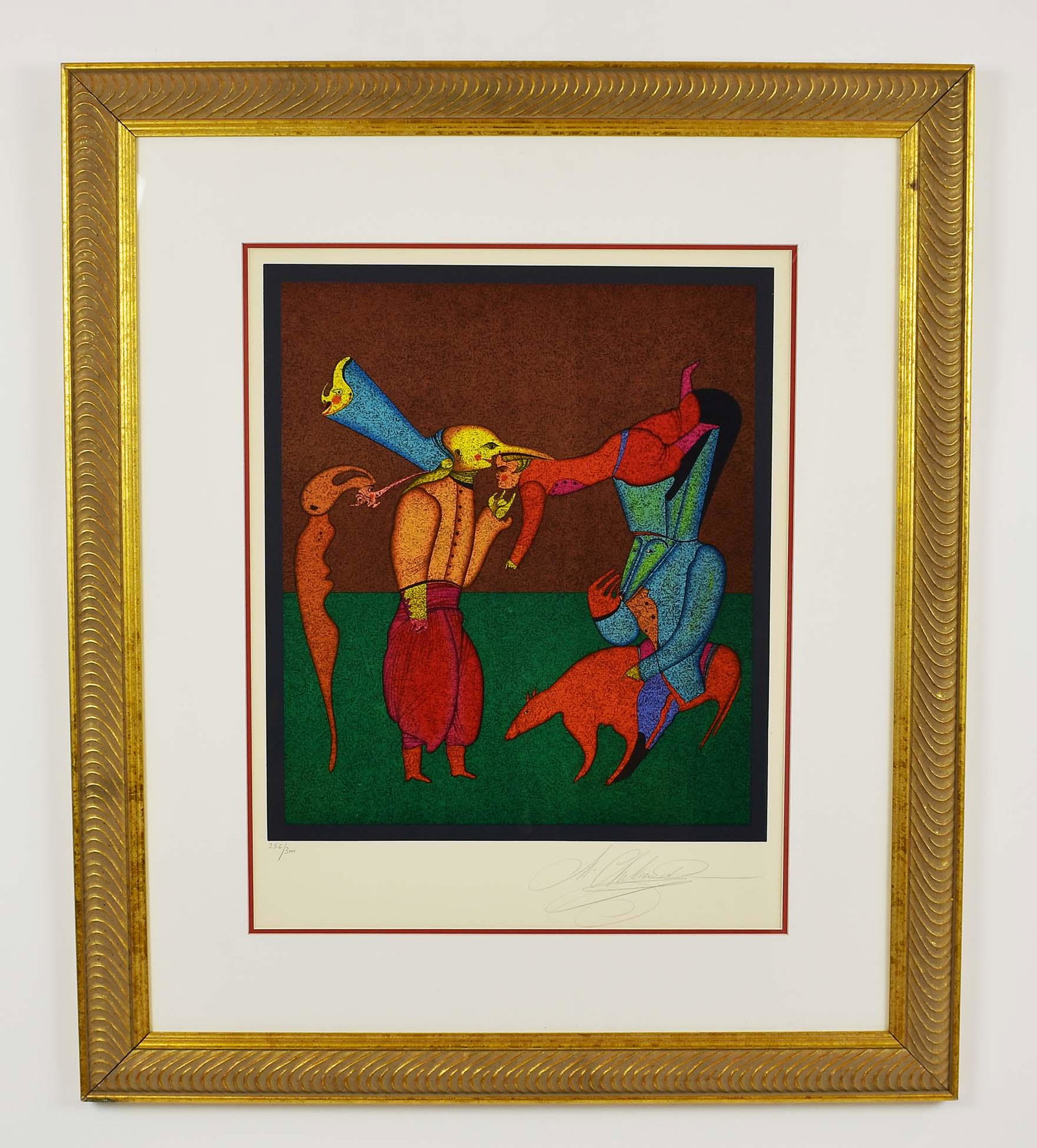 MIHAIL CHEMIAKIN (Russian. b. 1943) LITHOGRAPH: Untitled. Signed, numbered 256/300. Lithograph in Colors. Site measuring 24 by 18.5 in., matted, framed 36 by 31 in. (Cond: good)