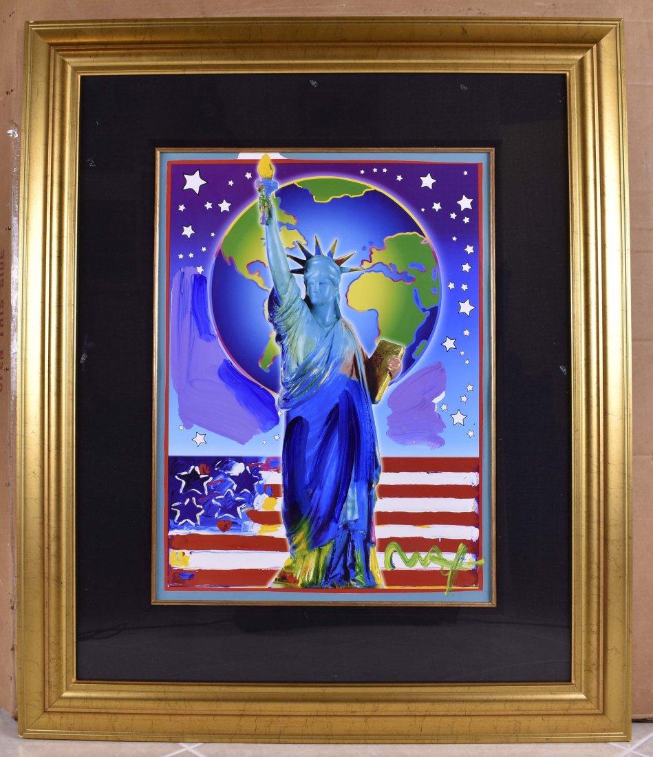 PETER MAX MIXED MEDIA PEACE ON EARTH II: Signed Max. Hand embellished serigraph. Image measures 23.5 x 17.25 inches. Framed behind plexi-glas. Overall measures 37.5 x 32 inches. Good condition. Provenance: Park West Galleries.