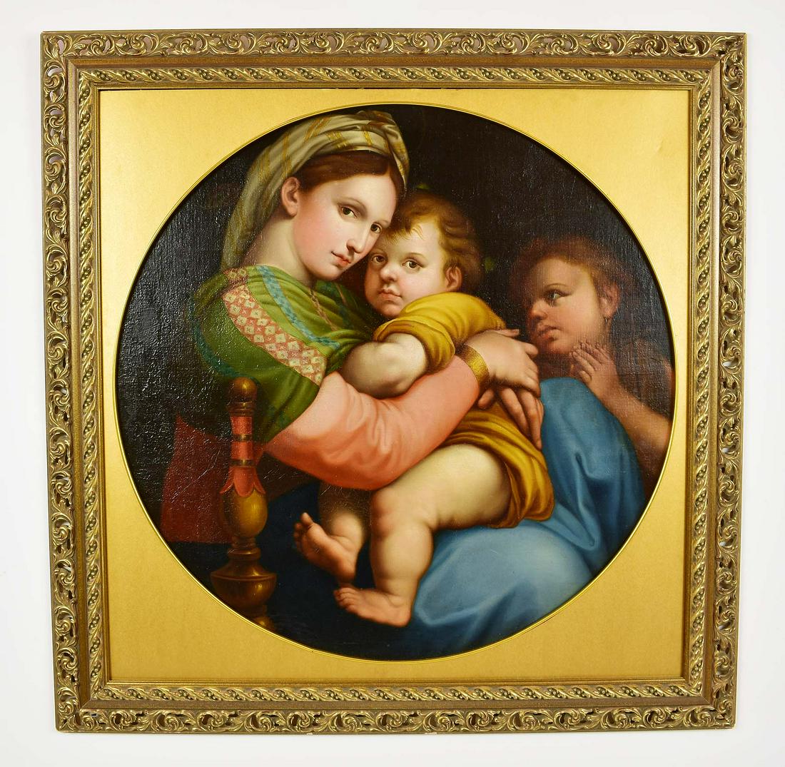 AFTER RAPHAEL SANZIO (19th Century) PAINTING: Madonna Della Sedia. Oil on Canvas. With a circular opening. Diameter 28 in., the canvas 32 by 32 in., overall 36 by 36 in. (Cond: a good example, appears good)
