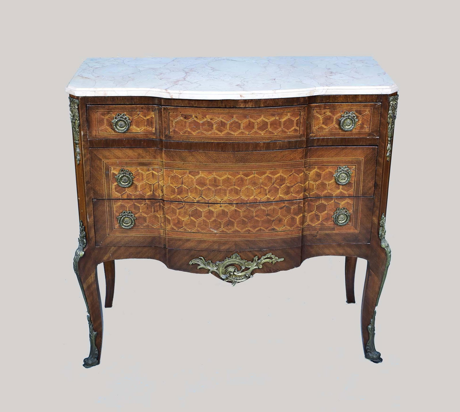 LOUIS XVI STYLE PETITE MARBLE TOP INLAID COMMODE: 20th Century. Bronze Mounts.