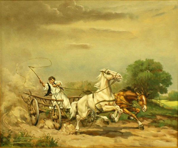 ELEMER KOVACS (Hungarian. 20th Century): ELEMER KOVACS (Hungarian. 20th Century) "Driving the Horses". Signed Kovacs Elemer l/l. Also signed E. Iovacs on the reverse.Oil on Canvas. Measuring 20" by 24". (Cond: Good; no inpainting apparent un