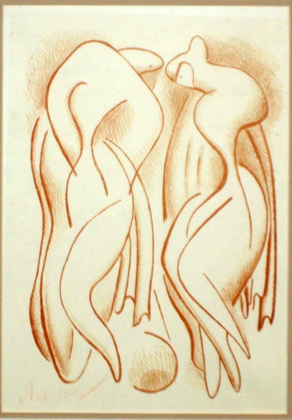 ALEXANDER ARCHIPENKO (Russian/American. 1887-1964: ALEXANDER ARCHIPENKO (Russian/American. 1887-1964) "The Bathers". Signed in crayon l/l.Lithograph in Sanguine. Sight 14" by 9 1/2". Framed.Note: Published by Associated American Artists, N.Y., 1950, f