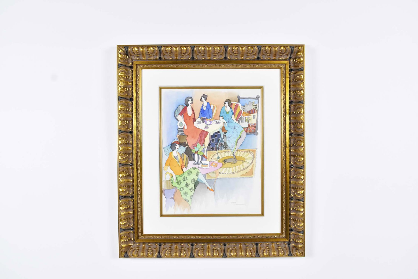 ITZCHAK TARKAY (Yugoslavian/Hungarian. 1935-2012): Tea Time. Signed lower right. Watercolor on Paper. Sight-19.25 x 15 .25 in. Gold Carved Frame under Plexi-glas. Overall measures 32.50 x 28.50. (Cond: good)