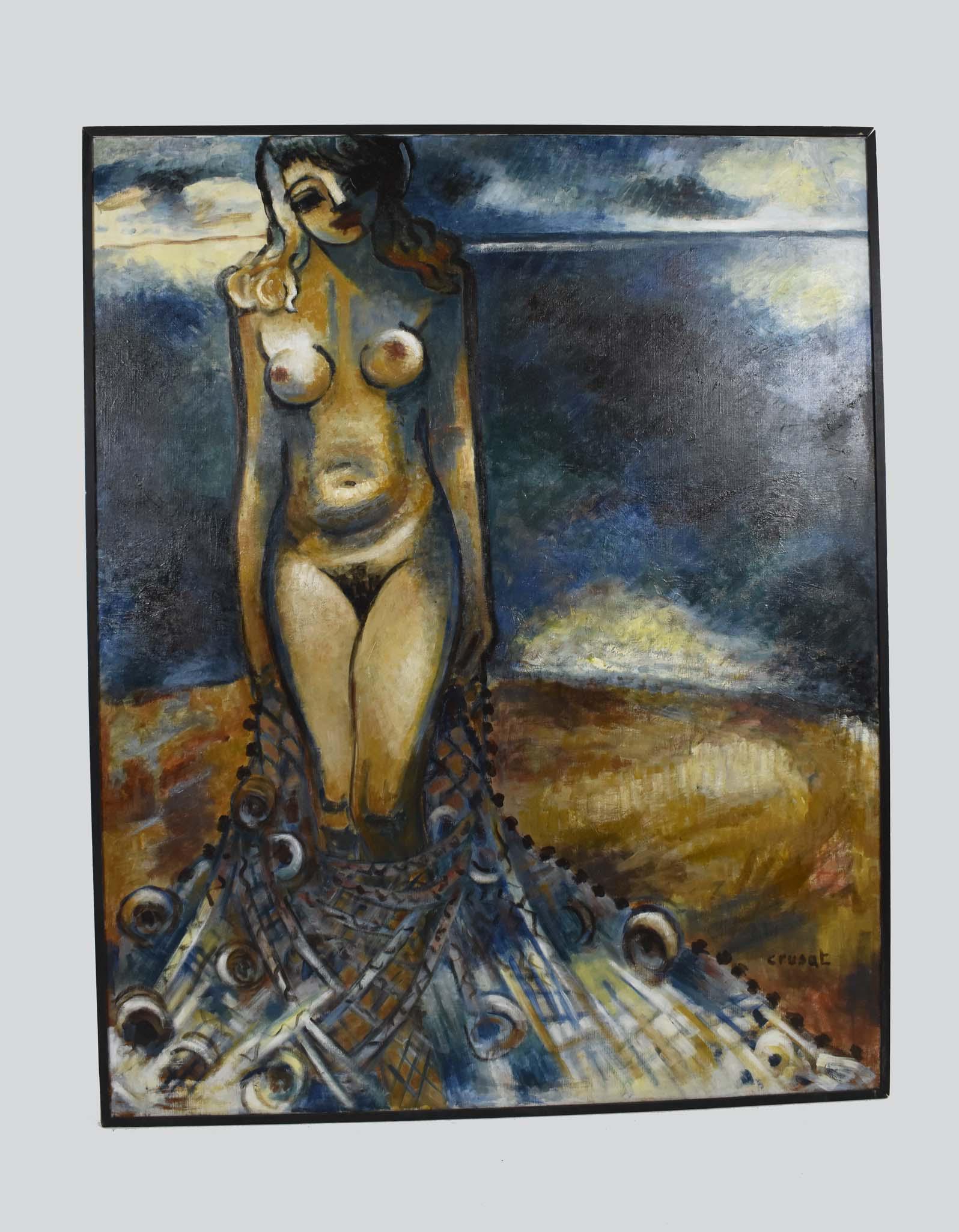 ROGER CRUSAT (French. 1917-1994) PAINTING: Nue aux Filet de Pecheur. Signed lower right. Verso Signed and Inscribed by the artist. Oil on Canvas. 63 x 51 in. Framed. Good Condition. Note: Roger Crusat, French abstractionist artist, born in Rou