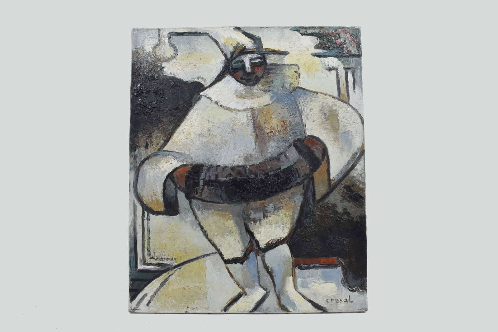 ROGER CRUSAT (French. 1917-1994) PAINTING: Gilles. Signed lower right. Oil on Canvas. Verso Signed, titled, and Inscribed Montmartre. 28.75 x 23.75. Unframed. Note: Roger Crusat, French abstractionist artist, born in Roussillon, Provence, (191