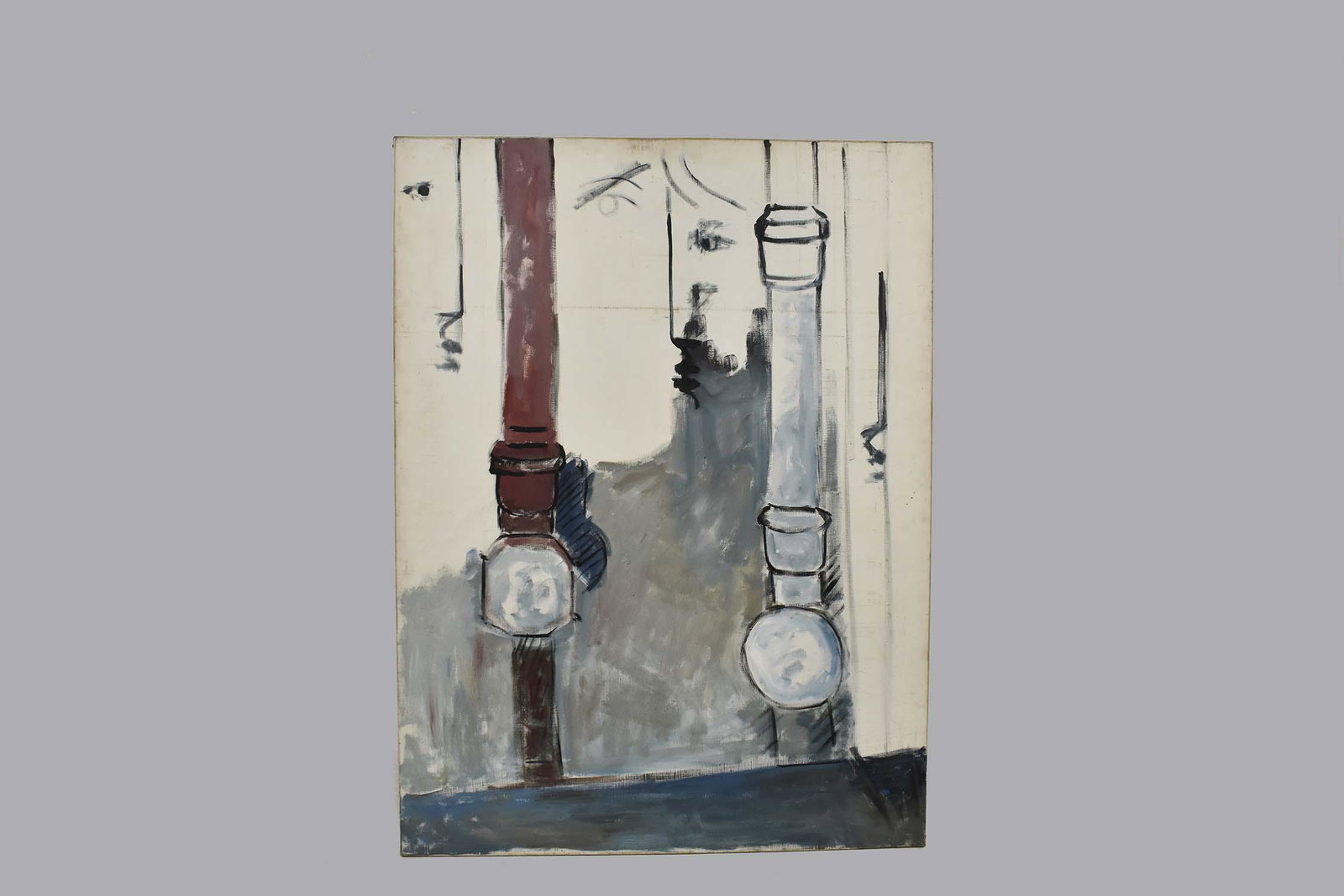 ROGER CRUSAT (French. 1917-1994) PAINTING: Descente d'Eau, Tetes a vis a vis. Verso bears artist's Atelier red seal stamp dated 1994. Measuring 51.5 by 38.25 in. Unframed. Note: Roger Crusat, French abstractionist artist, born in Roussillon, P