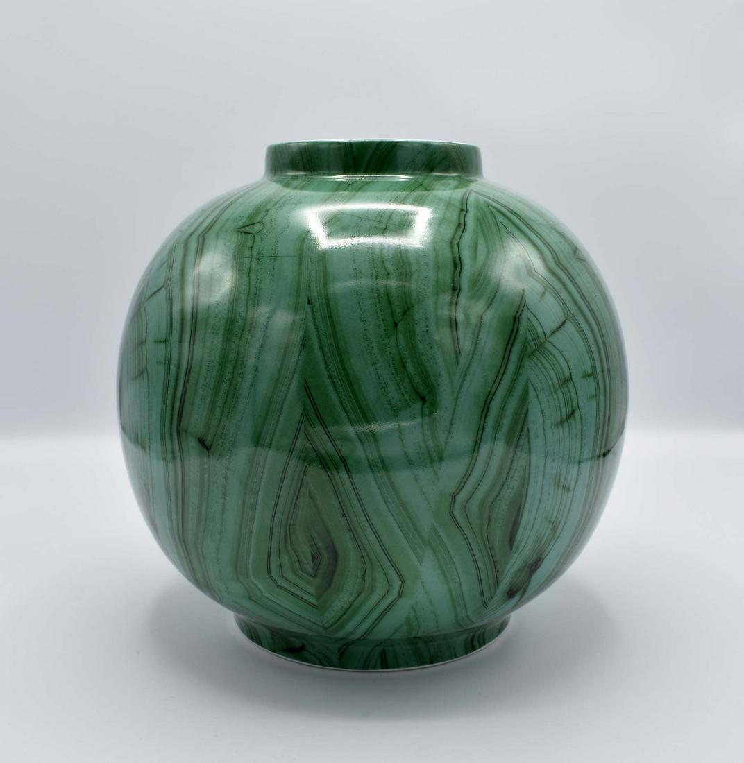 LARGE FAUX MALACHITE SPHERICAL PORCELAIN VASE: Modern. Decorated in its entirety to simulate malachite. Height 9.5 in. Diameter at mid body10 in. (Cond: good)