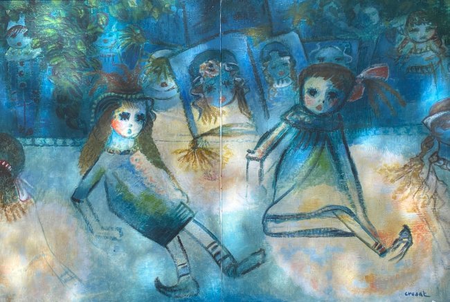 ROGER CRUSAT (French. 1917-1994) PAINTING: Poupees. Signed. Oil on Canvas. Verso Signed and titled with 1979 Salon d'Automne Exhibition Label. 76 x 51 in. Unframed. Note: Roger Crusat, French abstractionist artist, born in Roussillon, Provence