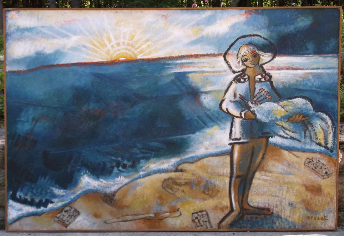 ROGER CRUSAT (French. 1917-1994) PAINTING: Soleil Levant, Signed, the reverse titled, with labels, oil on canvas. 78 by 51 in. Note: Roger Crusat, French abstractionist artist, born in Roussillon, Provence, (1917-94) moved to Paris, attended B