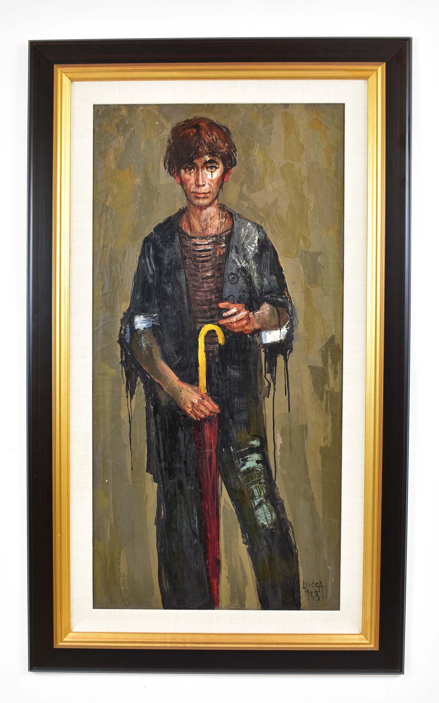 BERNARD LOCCA (French. 20th Century) Painting: Le Mime, 1963. Signed, dated l/r. Inscribed on the reverse, inspire de la Troupe Marceau. Oil on Canvas. Measuring 40 by 22 in. (Cond: good)