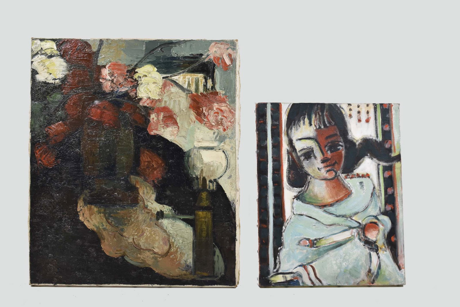 ROGER CRUSAT (French. 1917-1994) TWO PAINTINGS: Young Girl. Unsigned. Oil on Canvas. 16 x 13 in. Unframed and Still Life with Vase of Flowers. Signed lower left. Verso signed, dated 66, and inscribed Montmartre. 21.50 x 18 in. Unframed. Signed. Not