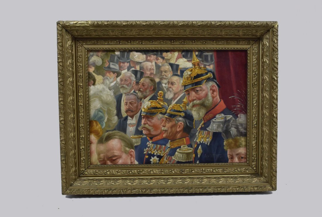ANTON VON WERNER (German. 1843-1915) PAINTING: Study of Prussian Soldiers. Monogrammed and dated 1887. Oil on Canvas. Measuring 11 by 15 in. In an antique gesso cast gold frame. Overall measures 15 by 19 in.