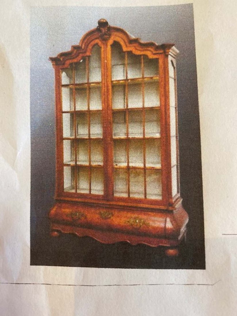 DUTCH FRUITWOOD & MAHOGANY MARQUETRY CABINET: Late 19th Century. The molded shaped arched cornice above two conforming shaped tall glazed doors, with molded mullions, above a convex base fitted with a drawer, over a scrolled skirt on bun feet. He