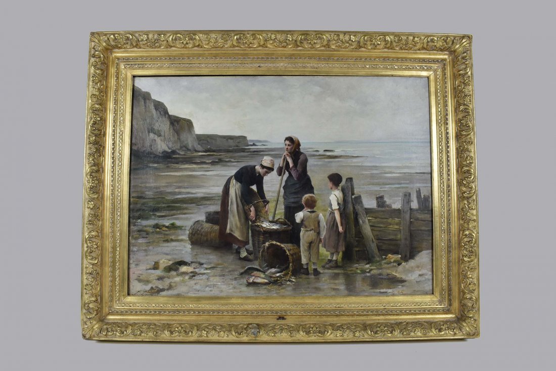 CONTINENTAL SCHOOL (Late 19th Century) PAINTING: Seascape with Ladies and Children and a Basket of Fish. Signed L. Laurent lower left.Oil on Canvas. Measuring 26.75 by 37.5 in. In a Period gesso cast and gilded exhibition frame. Overall 36 by 46.5 i