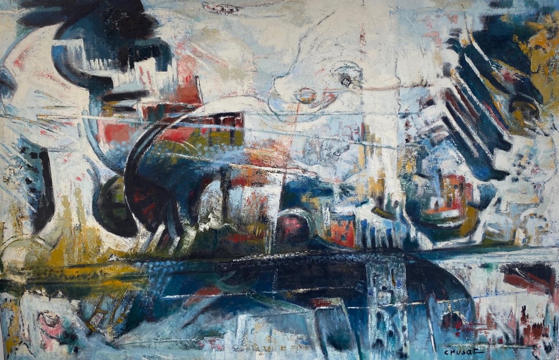 ROGER CRUSAT (French. 1917-1994) PAINTING: Vieux Mule a Montmartre, signed l.l., the reverse titled, signed, numbered and with exhibition labels, incl. Salon des Independants, 1973, 51 in. by 76.5 in