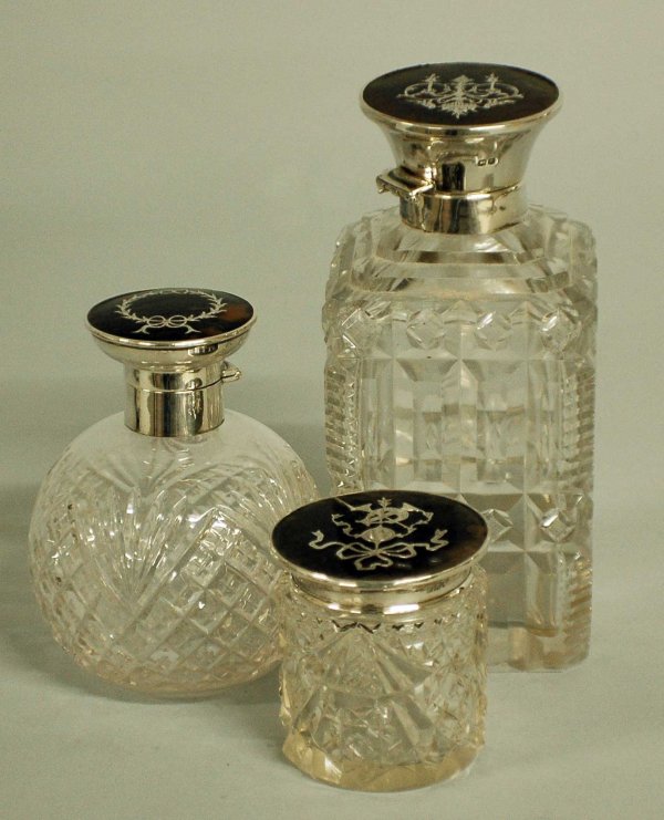 3 GEO V S/S, T.S. & CUT GLASS VANITY JARS/BOTTLES