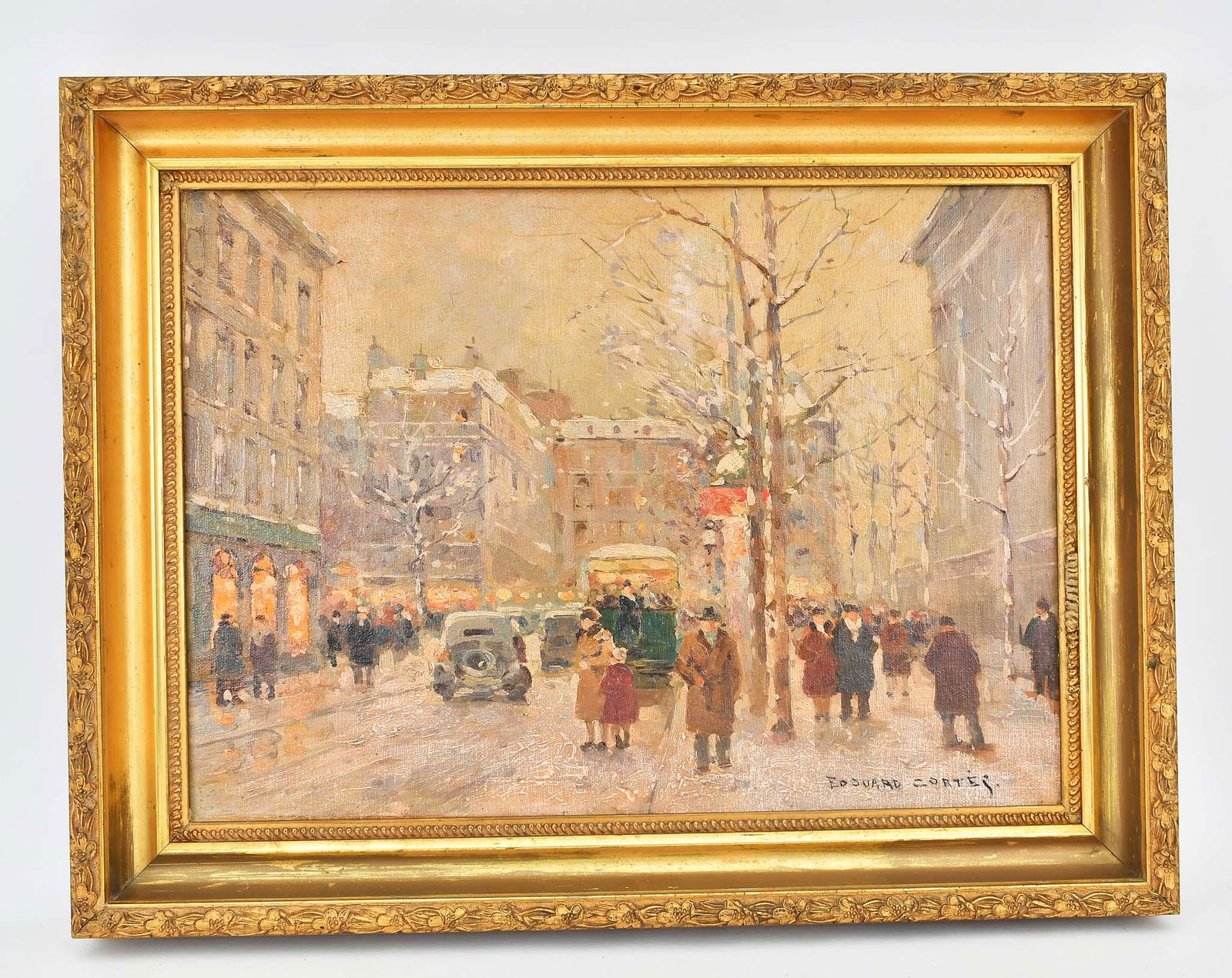 AFTER EDOUARD CORTES (French. 1882-1969) PAINTING: Parisian Boulevard in Winter. Signed lower right. Oil on Canvas. Measuring 13 x 18 in. Framed 16.75 x 21.75 in. (Cond: good)