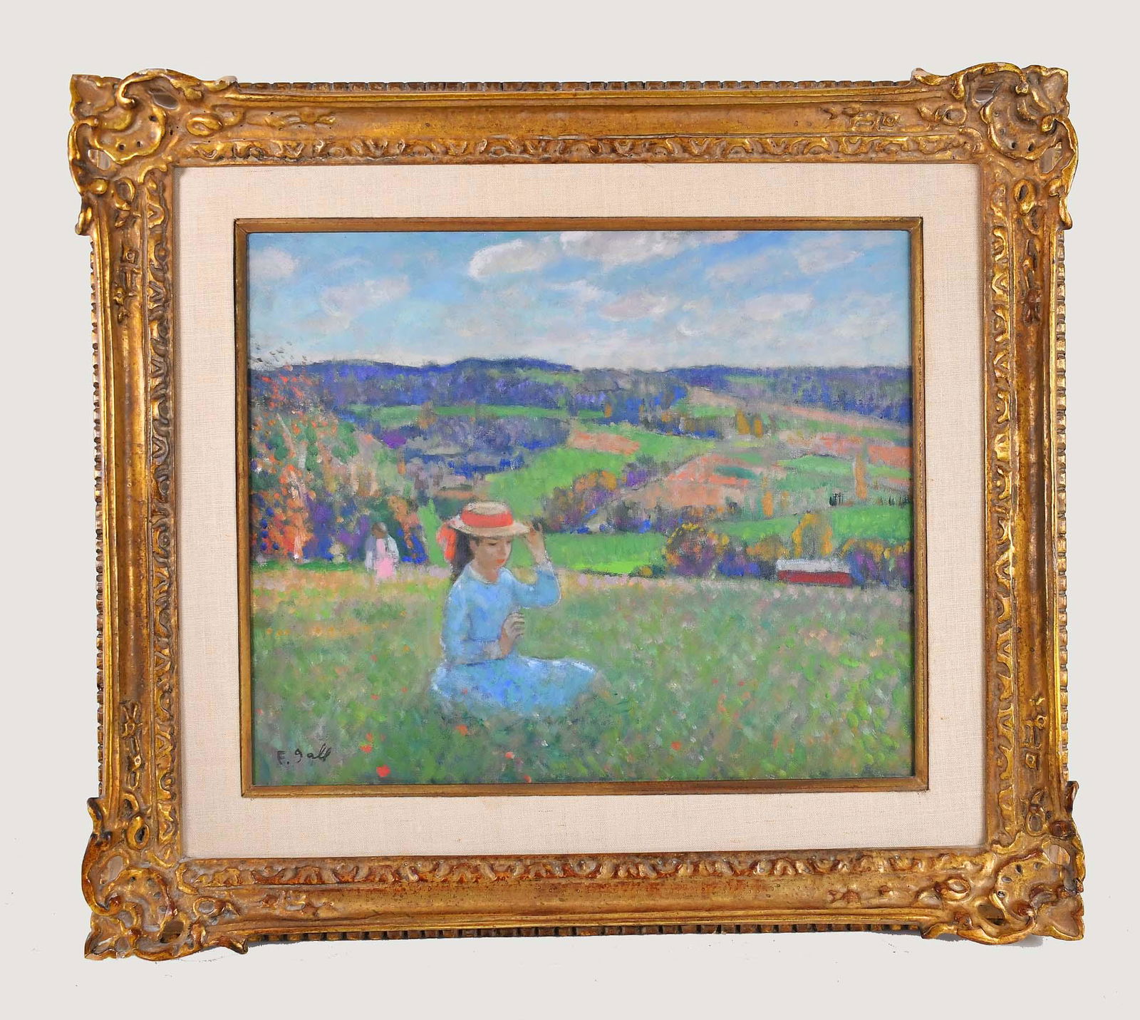 FRANCOIS GALL (French. 1912-1987) PAINTING: Girl in a Blue Dress in a Rural Landscape. Signed F. Gall l/l. Oil on Canvas. Measuring 18 by 24 in., gilt wood frame 22.5 by 25 in.