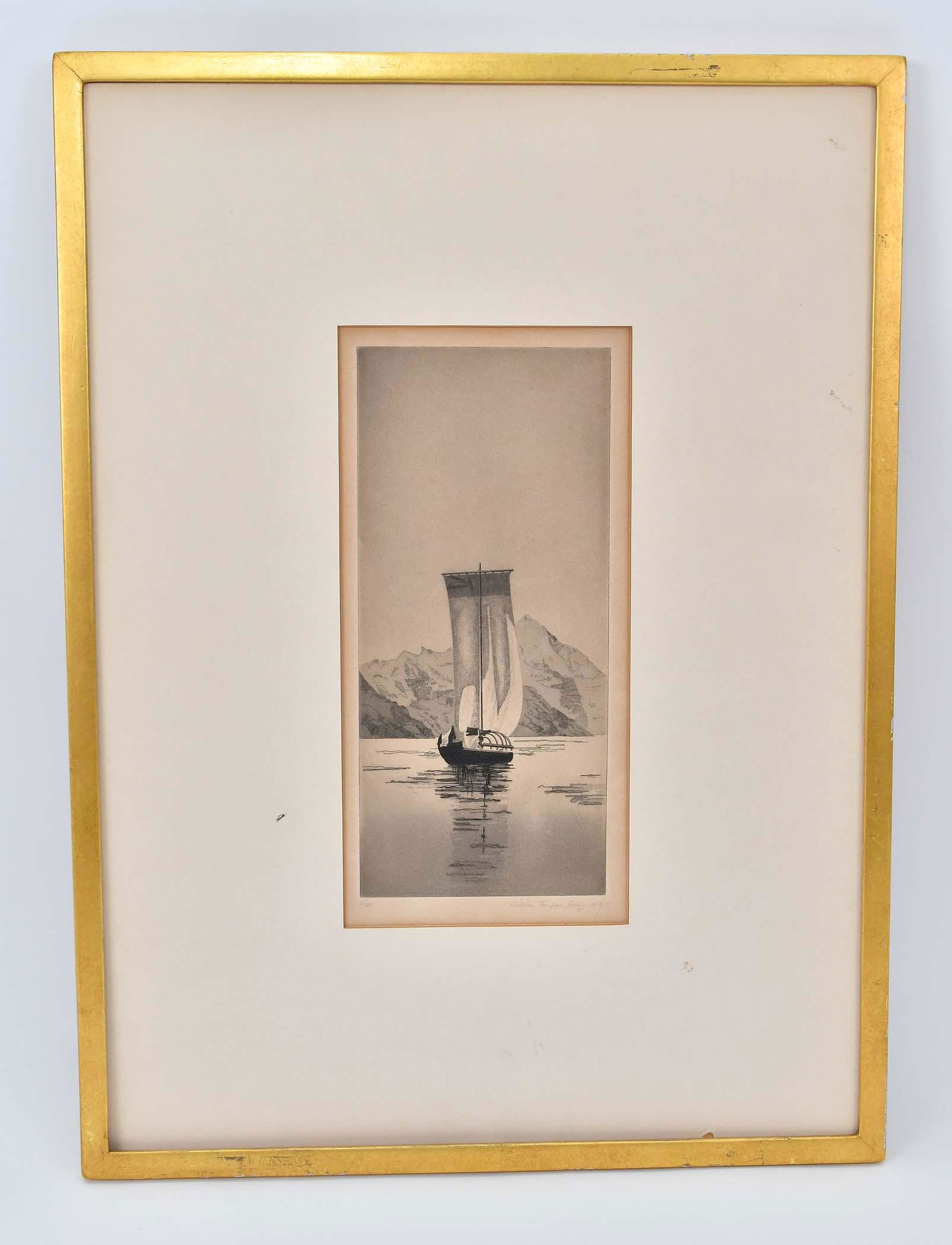 JOHN TAYLOR ARMS (American. 1887-1953): On Lake Como, #1, 1919. Signed in pencil John Taylor Arms, dated 1919 l/r margin, numbered 13/20, in pencil l/l margin. Titled On Lake Cuomo, Number One l/l beneath the mat. Etching and Aquatint. Imag