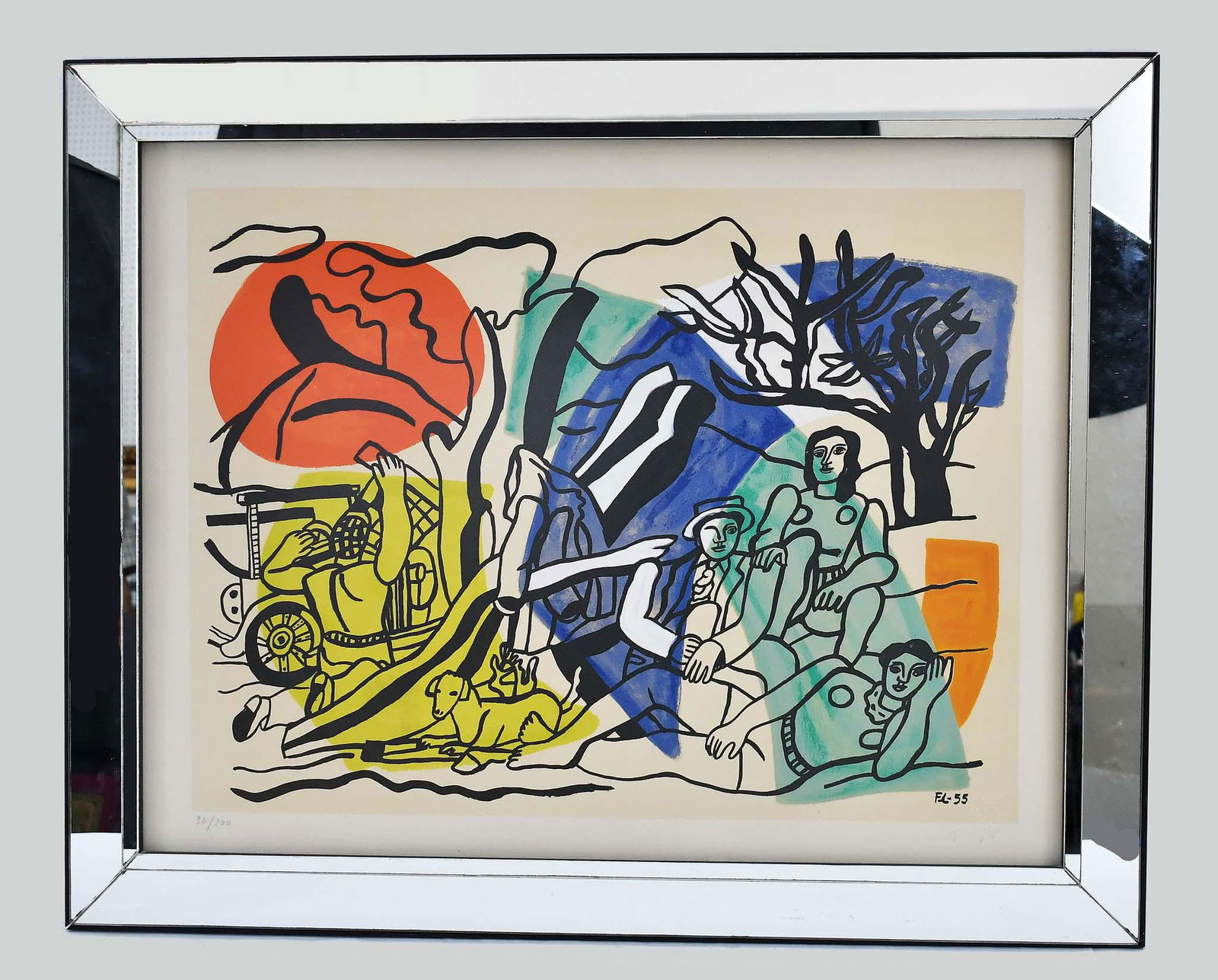 FERNAND LEGER (French. 1881-1955) LITHOGRAPH: Partie de Campagne, 1960. Signed in the plate, no. 30/300. Pub Galerie Maeght, Musee Fernand Leger, Biot. Lithograph in Color, DLM No. 121. Measuring 23 by 30 in., in a canted mirror frame 29 by 35.5