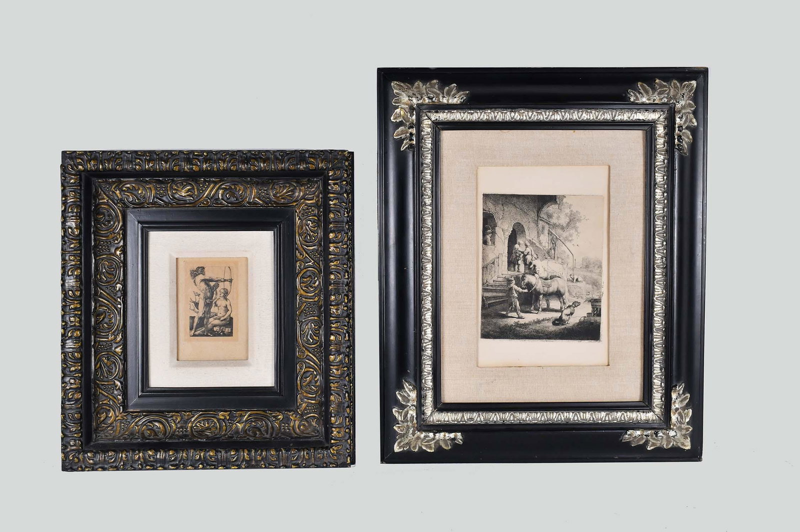 TWO ENGRAVINGS, AFTER ALBRECHT DURER AND REMBRANDT: The first, ALBRECHT DURER (German. 1471-1528), Apollo and Diana, [original] 1503, later strike, monogrammed, engraved on paper with brown fiber, 5.25 in. by 3.5 in., overall 19 by 17 in., the second, 