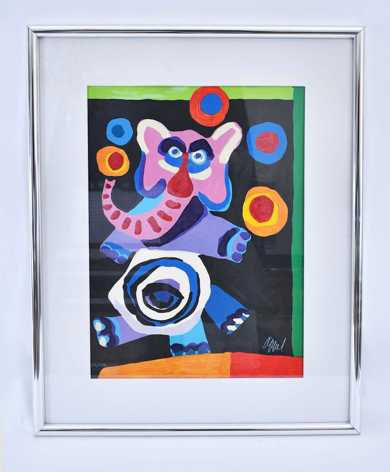 KAREL APPEL (Dutch. 1921-2006) COLOR PRINT: Elephant, Circus Series, (Vol. II), 1978. Signed in crayon, 28 from an edition of 130. Wood Engravings with Embossing. Measuring 30 by 20 in., overall 42 by 33.5 in. Prntr., Arts Litho, Paris; Pub.