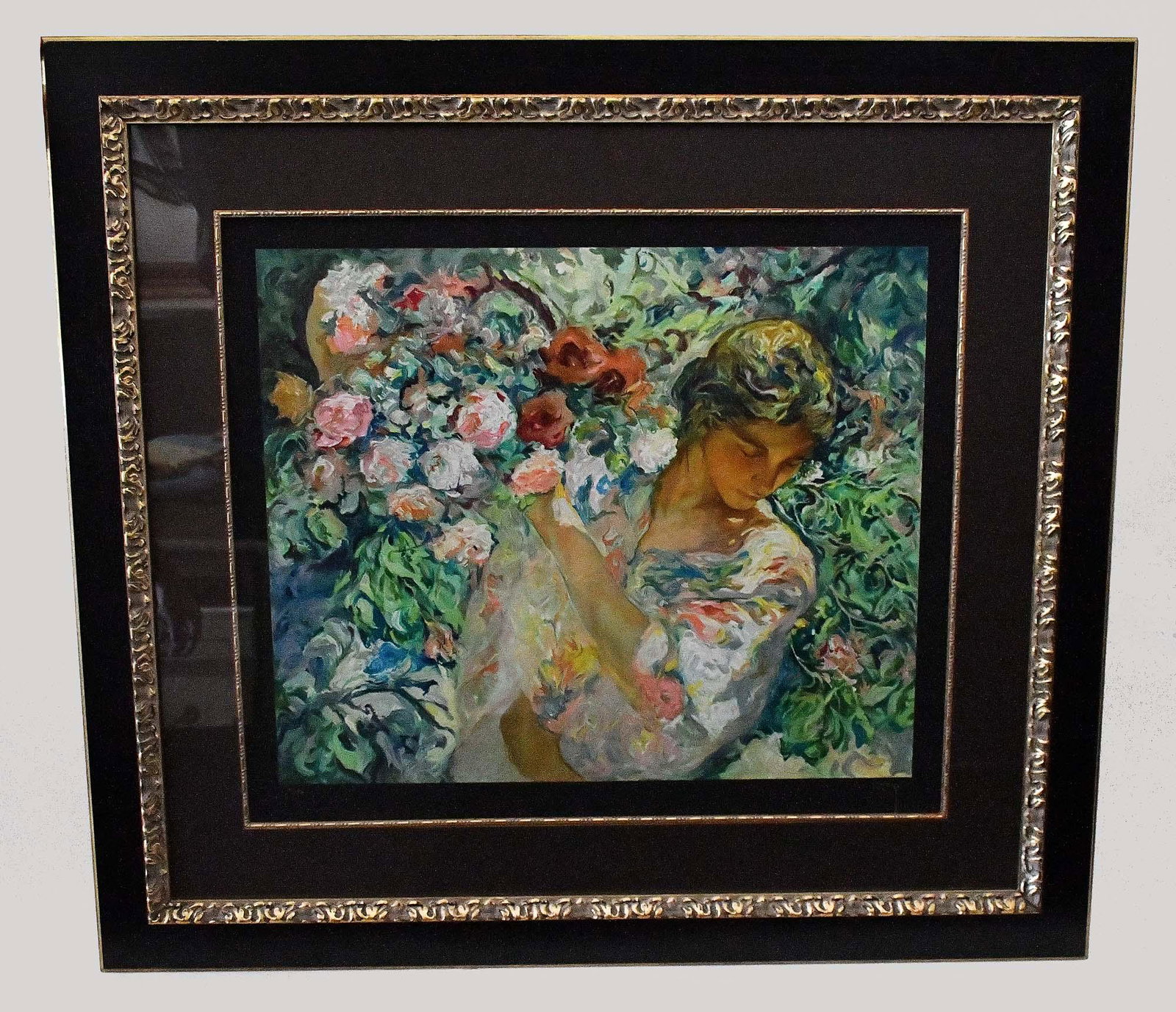 JOSE ROYO (Spanish. b.1945) SERIGRAPH: Joval Con Cesto Flores. Signed, numbered 15/50. Serigraph in Color, on black paper. Measuring 45 by 40 in. Provenance: Bal Harbor Gallery, Miami, FL