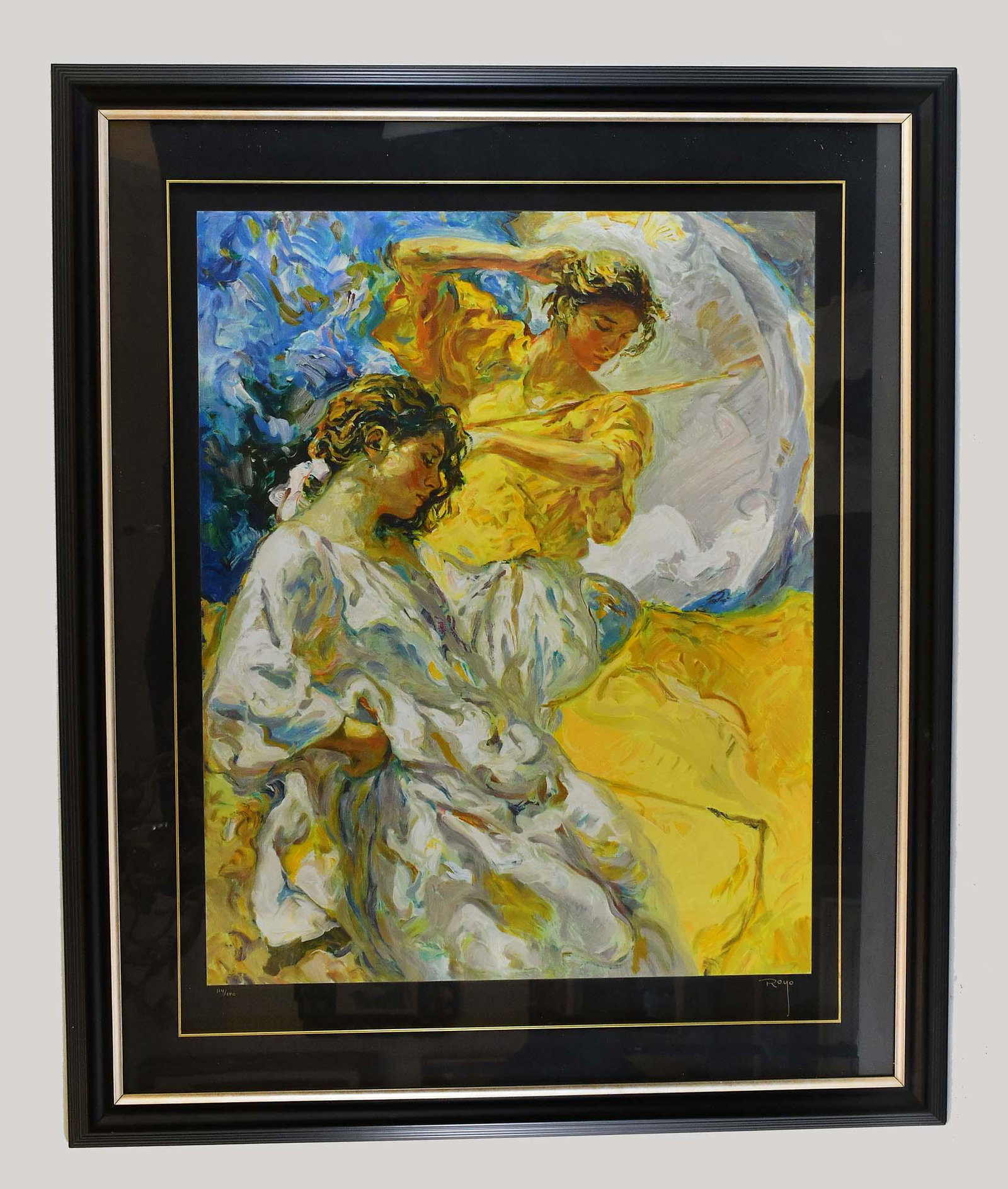 JOSE ROYO (Spanish. b.1945) SERIGRAPH: Dos Figuras. Signed, numbered 114/150. Serigraph in Color, on black paper. Measuring 35 by 27.75 in. Provenance: Bal Harbor Gallery, Miami, FL