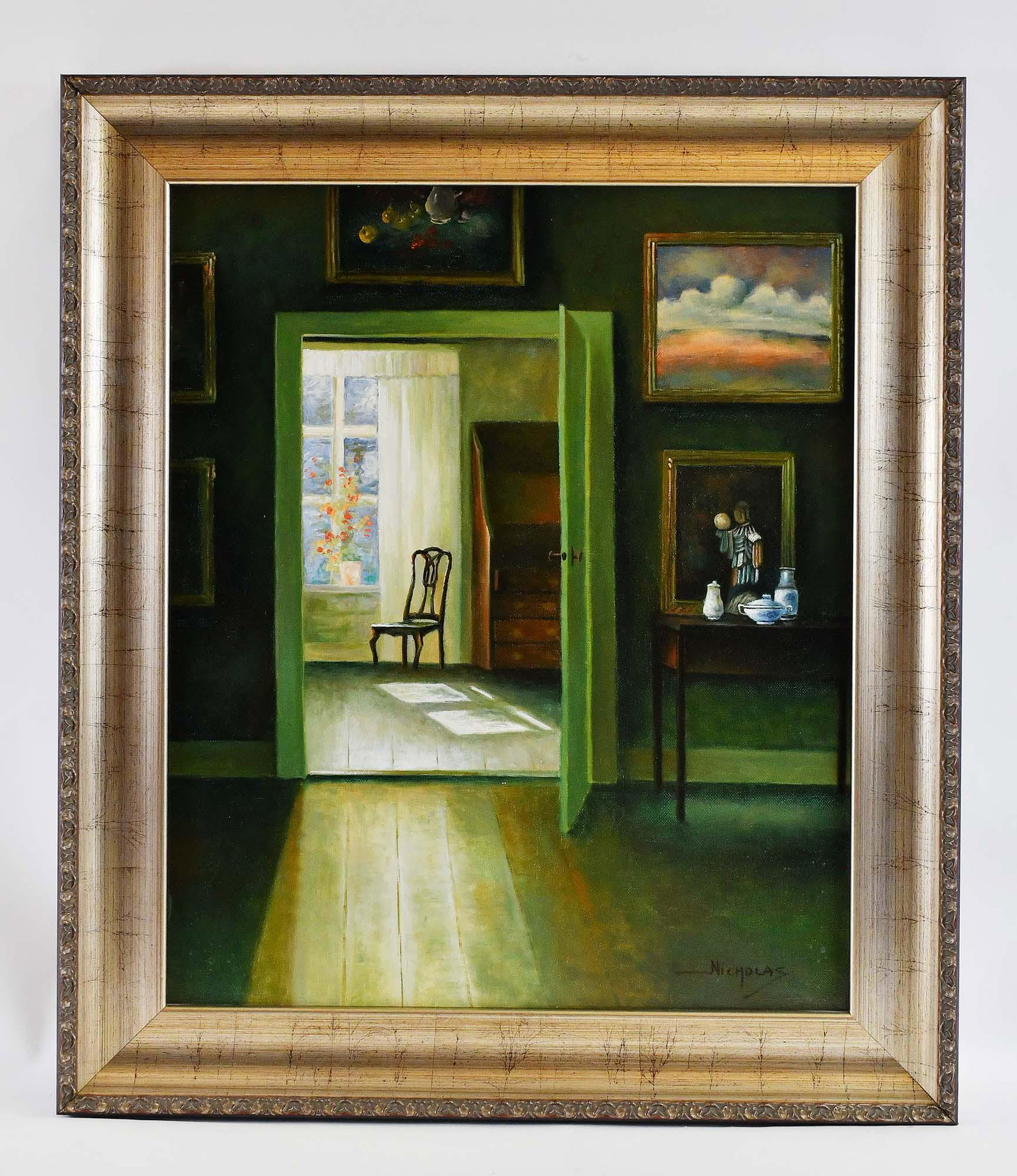 ARTIST UNKNOWN (Probably American) PAINTING: Interior Scene, 20th Century. Signed Nicholas l/r. Oil on Canvas. Measuring 22 by 20 in., framed 29.5 by 25 in. (Cond: good)