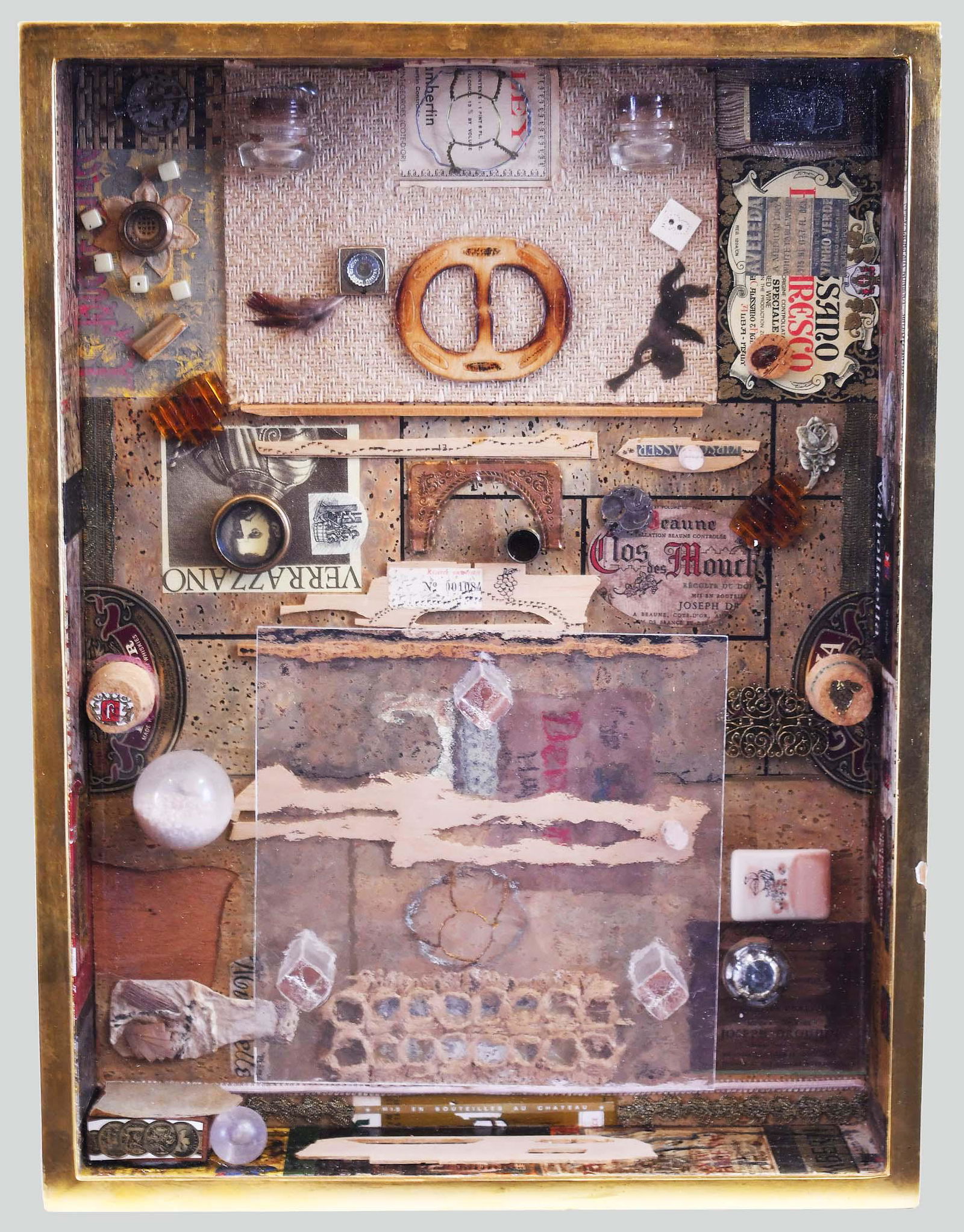 ABBY GOELL (Prob. American. 20th Century): To Bacchus, 20th Century. Signed, titled on the reverse. Found Objects in a Hanging Box, style of Joseph Cornell. Measuring 20 by 15 in.