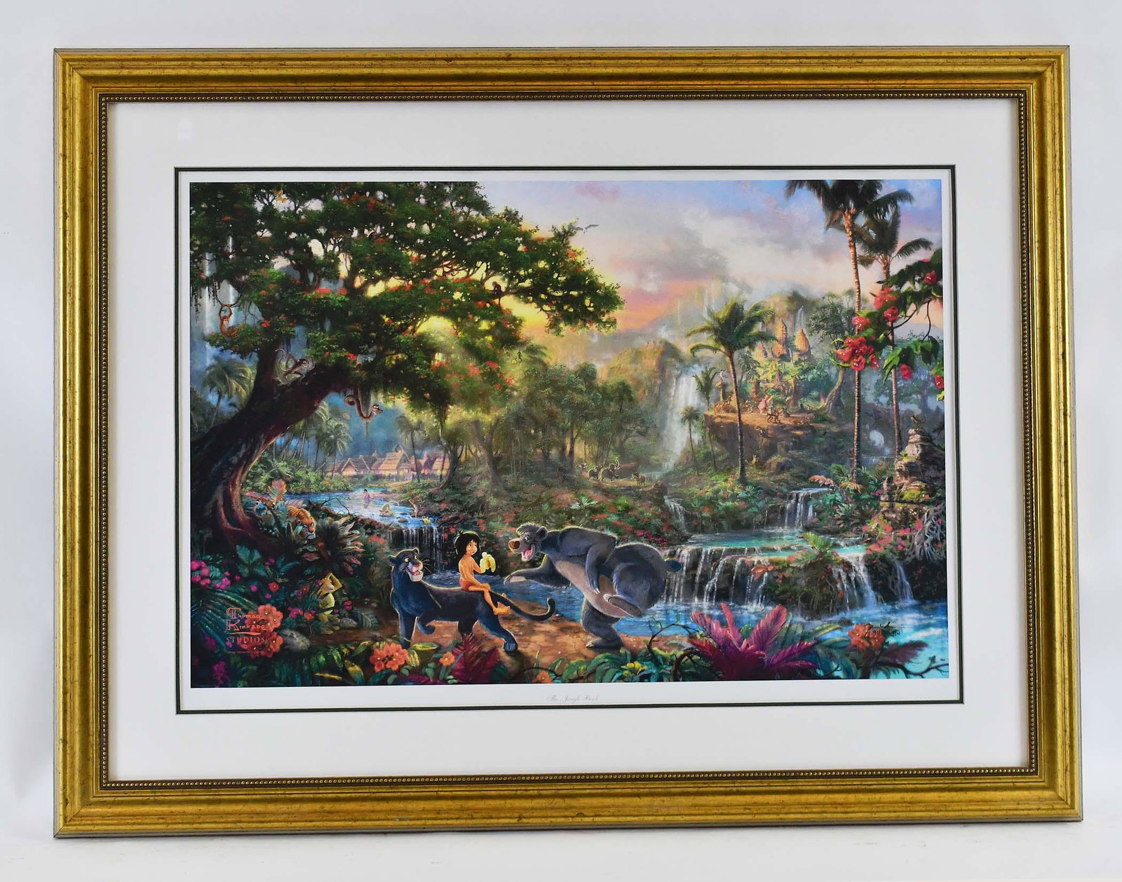 THOMAS KINCAID THE JUNGLE BOOK COLOR PRINT: From the Disney Dreams Edition. Published 2012. Signed and #91/1155. Print measures 18 x 27 in. Gold Framed behind Plexi-glas. Overall 28 x 36.50 in. (Cond: good)