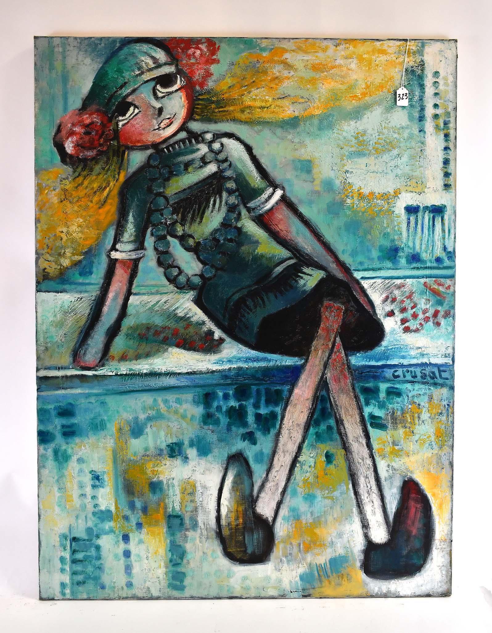 ROGER CRUSAT (French. 1917-1994) PAINTING: Poupee, 1925. Signed Crusat. Oil on Canvas. Measuring 51.50 x 38.50 in. Unframed. Verso signed, titled, and inscribed Montmartre by the artist. (Cond: good)
