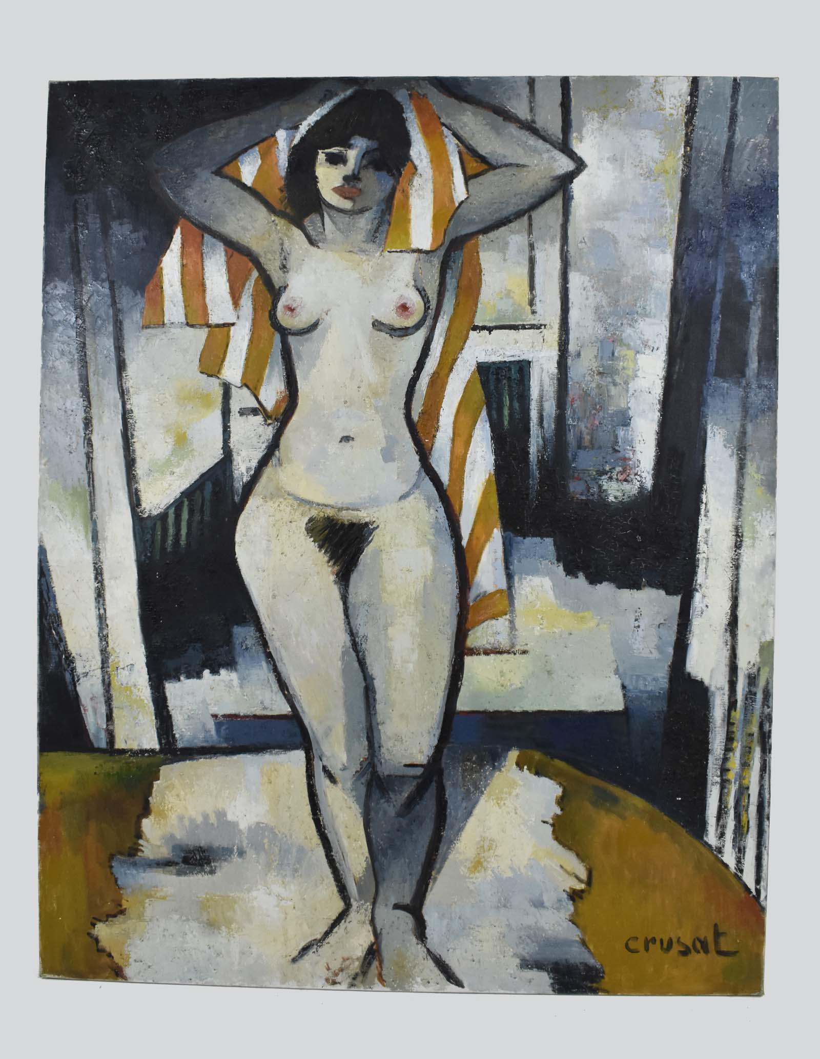 ROGER CRUSAT (French. 1917-1994) PAINTING: Nue a la Serviette Orange. Signed lower right. Verso Signed, titled, and dated 1971 and bearing a label from the Salon des Independants Exhibition. Oil on Canvas. 63 x 51 in. Framed. (Cond: good)