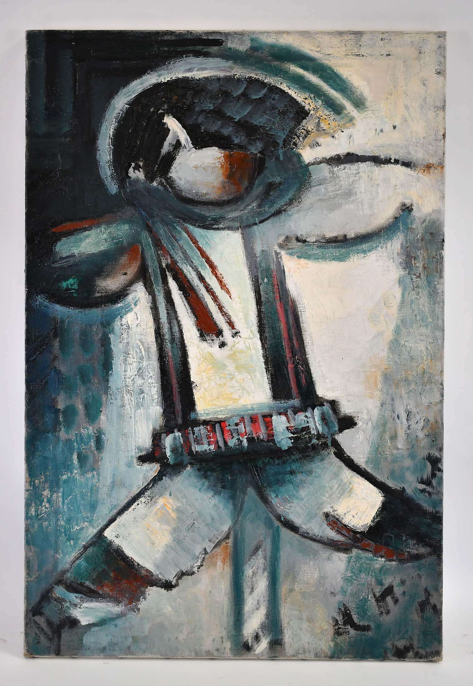 ROGER CRUSAT (French. 1917-1994) PAINTING: Epouvantail II. Oil on Canvas. Measuring 32 x 21 in. Unframed. Verso bears artist's atelier stamp dated 1994 on stretcher. (Cond: good)