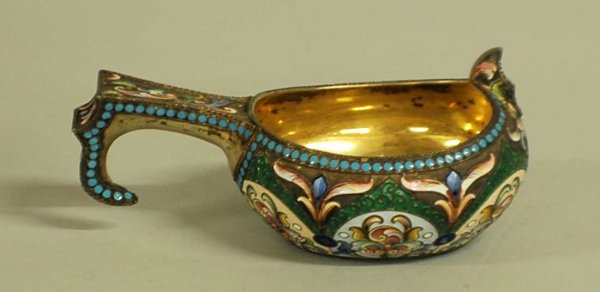 RUSSIAN SILVER GILT & SHADED ENAMEL KOVSH