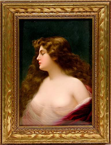 Extremely Fine KPM Plaque of a Semi Nude Woman: Extremely Fine KPM Plaque of a Semi Nude Woman. German Circa 1900 Bears Old Label. After Angelo Asti. Impressed KPM with Scepter. Painted by Julius Grenier John. Measures 9-1/2 Inches Tall and 6-1/2 I