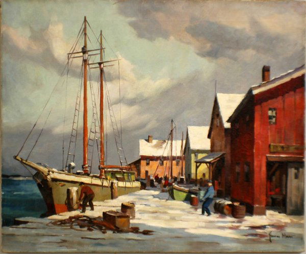 JOHN CUTHBERT HARE (American. 1908-1978): JOHN KNOWLES HARE (American. 1884-1947) "Harbour in Winter". Signed John Hare l/r. Oil on Canvas. Measuring 20" by 24". Unframed. (Cond: 7 small patches; inpainting) (3500/4500)