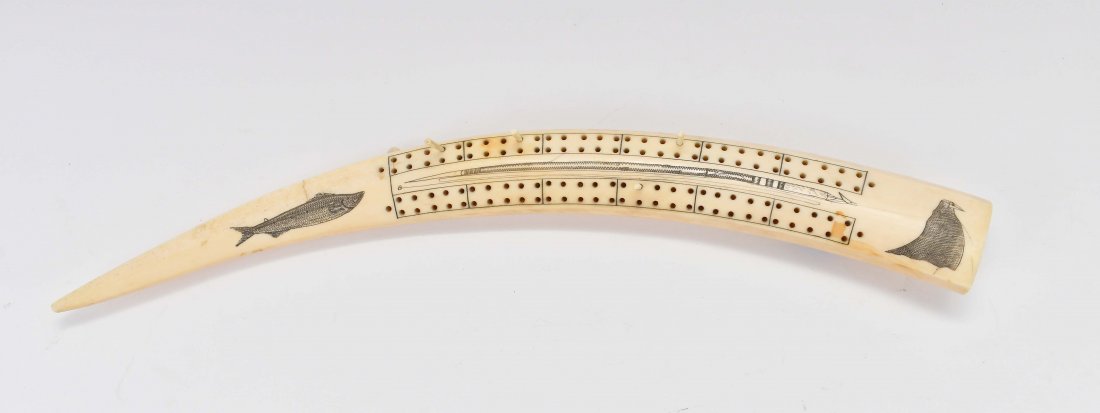PRES. GROVER CLEVELAND INUIT SCRIMSHAW CRIBBAGE BOARD: 19th Century. Having a provenance from President Grover Cleveland. The board with designs of a fish, seabird, seal, harpoon, and Inuit canoe. 16 in. long. Will need repair to one foot. Accompanied wit
