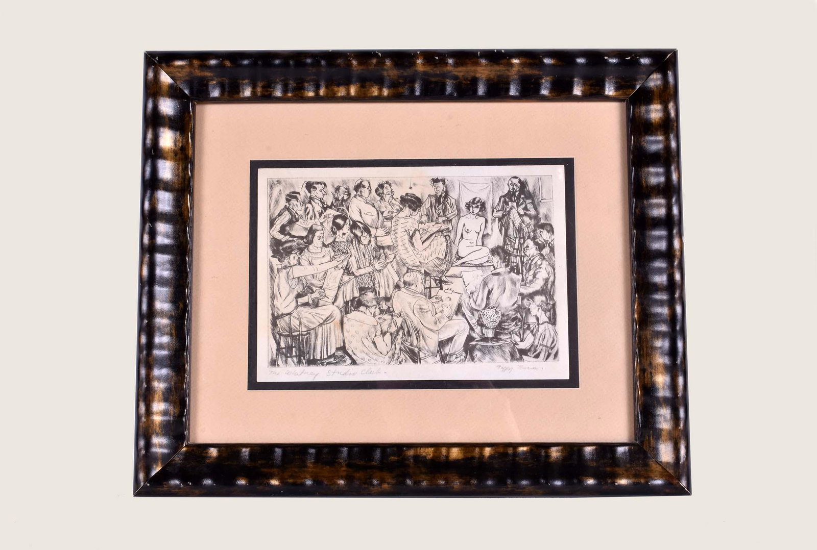 PEGGY BACON (American. 1895-1987): The Whitney Studio Club. Signed l/r, titled l/l margin. Etching. Measuring 6.75 by 9.5 in., overall 14 by 16.5 in. (Cond: small abrasion upper margin right corner, small dark spot on knee of lower lef