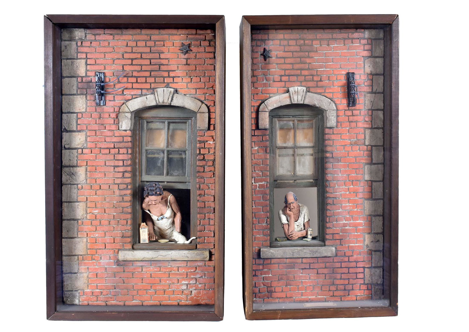 MICHAEL GARMAN PAIR OF DIORAMAS: City-Scape. Each Signed and dated 1977. Mixed Media. 19 in. high. 13.50 in. wide. 6.25 in. depth. (Cond: good) Note: The black cardstock back to one of the dioramas is missing.