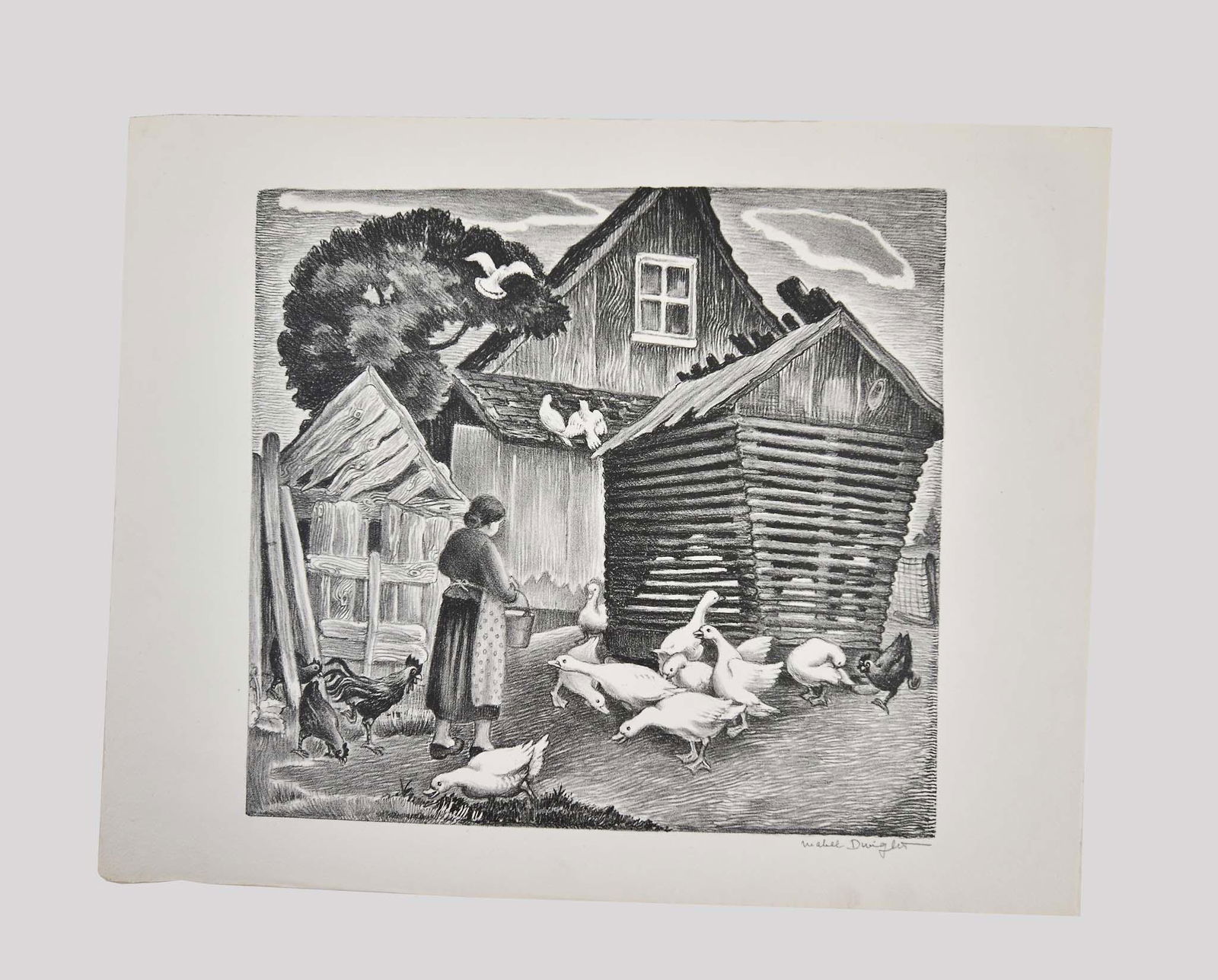 MABEL DWIGHT (American. 1875-1955) ETCHING: Farmyard, 1947. Signed in pencil l/r margin city. Etching. From an edition of 250. Image size 9.75 by 11 in., sheet 12.25 by 18 in. (Cond: unframed, good) Accompanied by an American Associated Artists