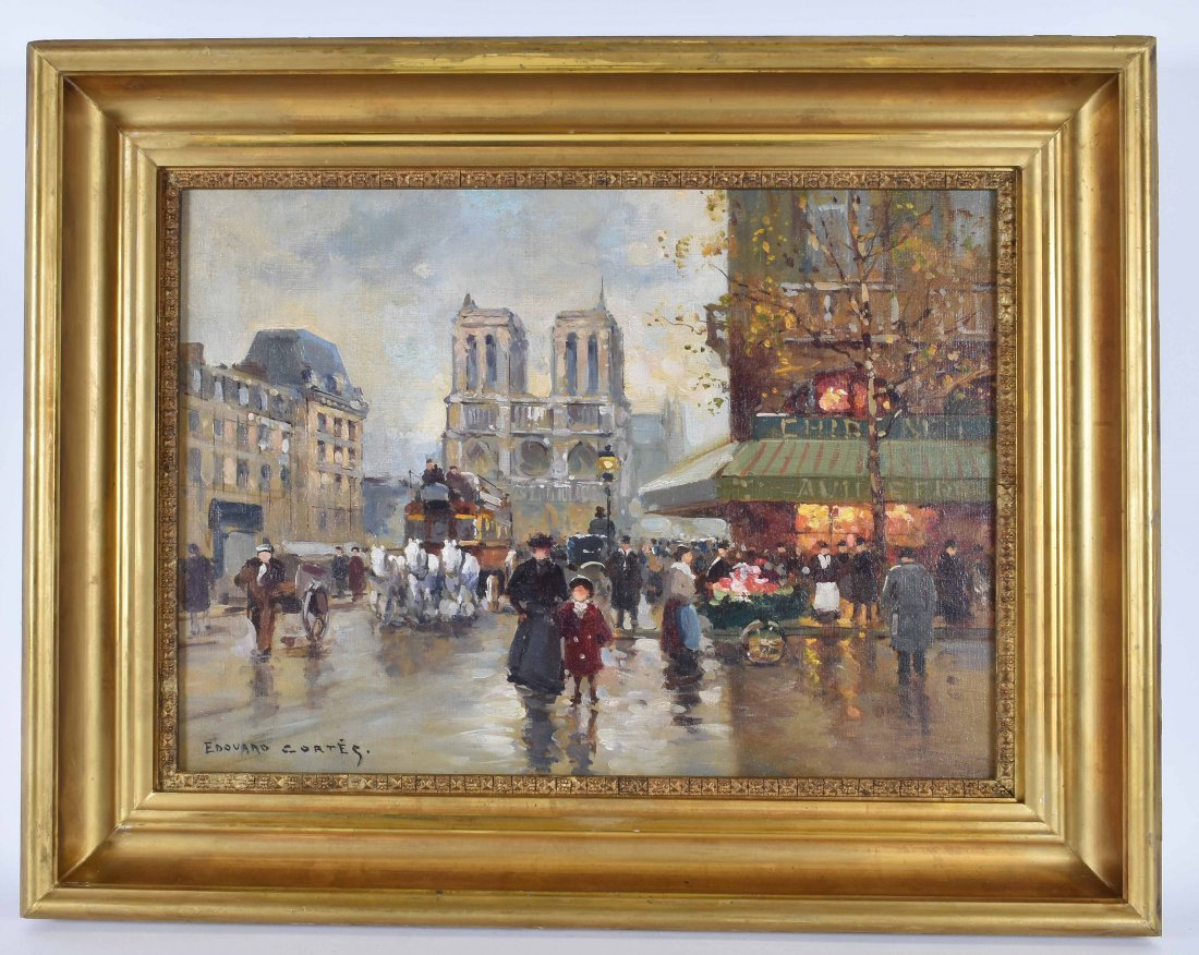 EDOUARD CORTES (French. 1882-1969) PAINTING: Attributed to. Grand Boulevard in Paris. Signed lower right. Oil on Canvas. 13 x 18 in. Gilded Frame.