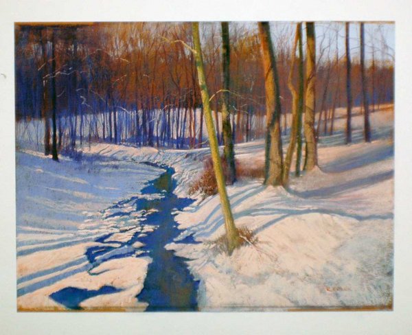 ROBERT FRANK (American. 20th Century): ROBERT FRANK (American. 20th Century) "Winter Landscape with Lake". Signed R. Frank l/r. Pastel on Paper. Measuring 19 3/4" by 25 1/2". (Cond: Mounted on acid free board)